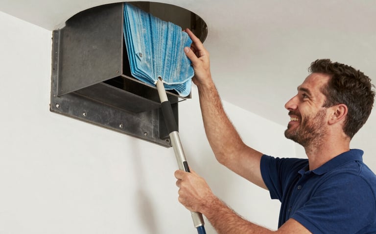 Technician inspecting and cleaning an air duct system in a modern home.