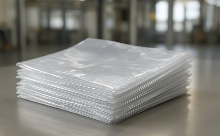 A sharp, professional photograph of a stack of transparent LDPE produce bags with retail-ready printing, reflecting light to show material thickness and quality, set in a bright industrial environment.