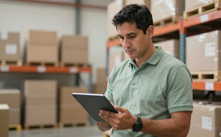A professional South American / Latin American logistics expert reviewing inventory on a digital tablet in a bright warehouse with muted sage green and light warm off-white colors.