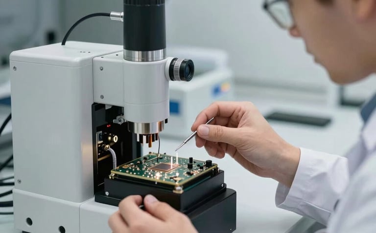 A professional in a white coat working on a high-precision electronic component of a cosmetic device in a clean, modern Erfurt laboratory. Focused lighting, technical excellence, Central European context.