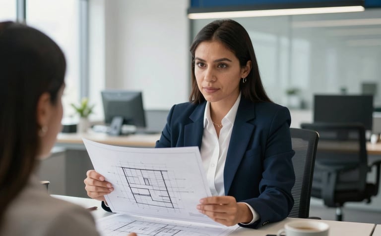 A professional in a modern Latin American / Mexican office in Veracruz showing architectural blueprints to a client. The setting is bright and professional with clean lines and dark navy blue accents.