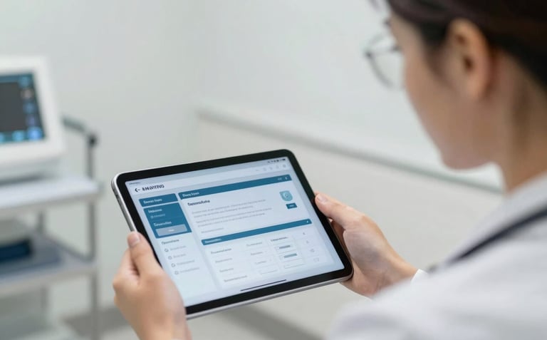 A professional medical specialist in a bright North American / Canadian clinic using a tablet with a sophisticated interface.