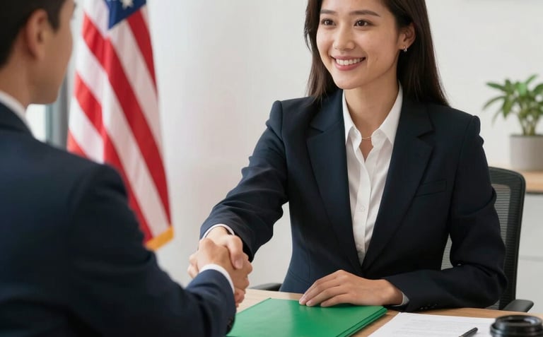 Photography of a professional immigration lawyer shaking hands with a client in a bright, modern office, a US flag and a forest green folder on the desk, Global / Hispanohablante con enfoque en EE. UU.