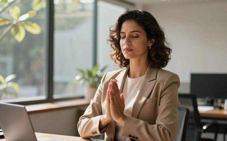 A confident professional woman in a modern South American / Brazilian office setting, practicing a brief moment of mindfulness with a calm expression. Soft sunlight filtering through leaves outside the window, wearing professional attire in earth tones.