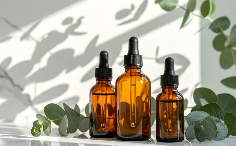 Frascos de vidro âmbar com conta-gotas contendo a fórmula personalizada de Florais de Bach.