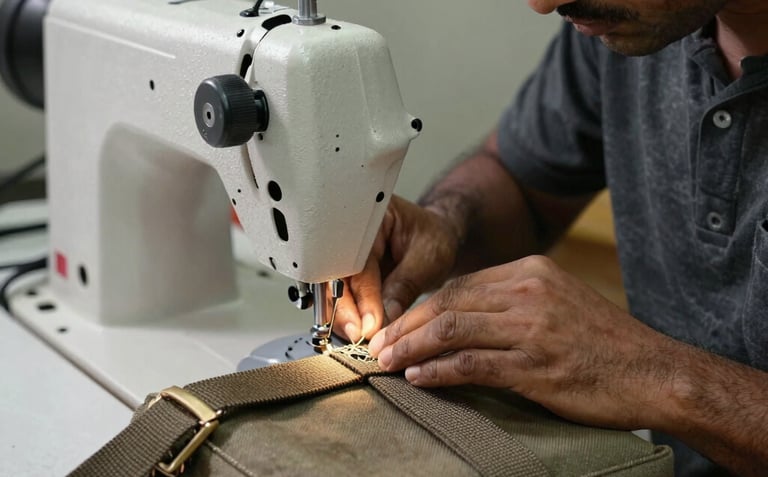 A detailed action shot of a skilled South Asian craftsman's hands operating a heavy-duty sewing machine, stitching a durable strap onto a canvas bag in a well-lit workshop.