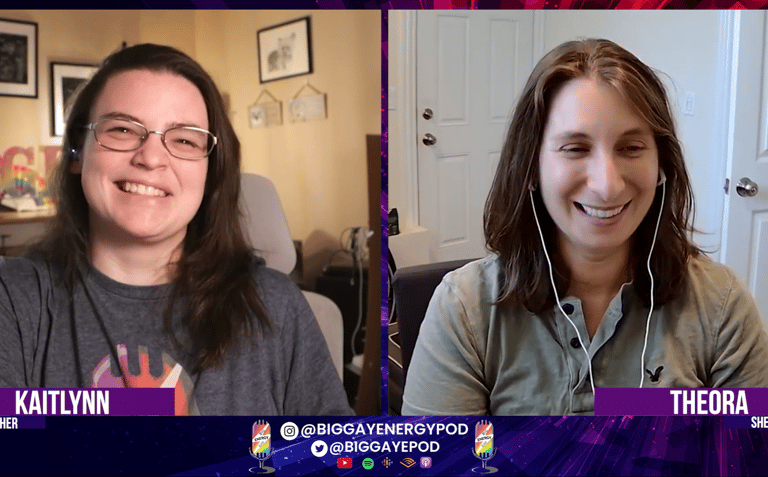 two women in headphones are sitting down recording a podcast
