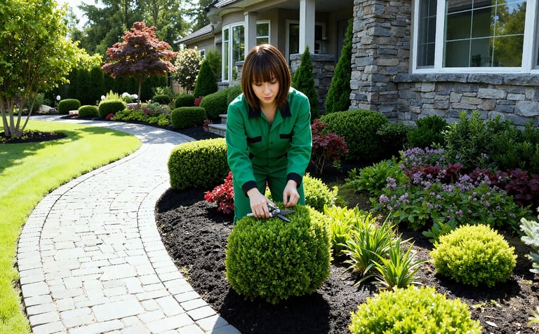 a woman is pruning a boxwood bush in a flower bed