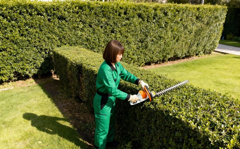 a woman in green workwear is using a hedge trimer