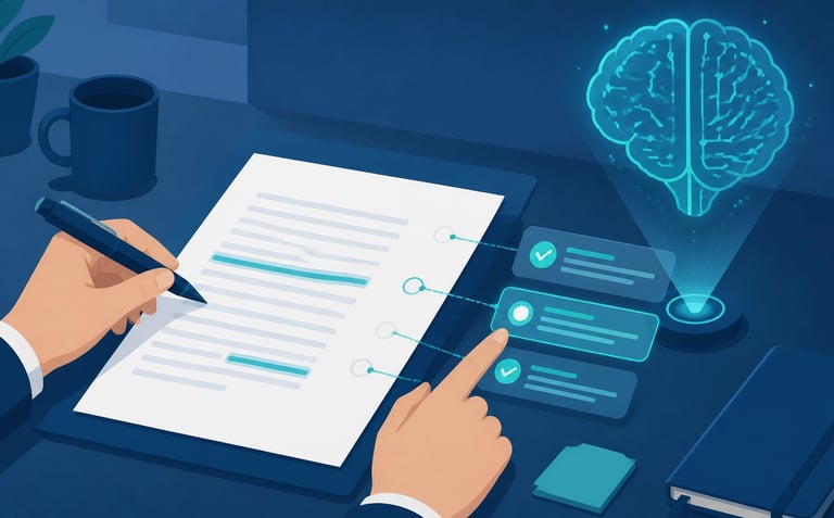 Flat-style vector illustration of a human hand verifying clinical notes generated by a digital AI ho