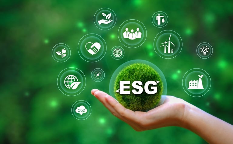 “ESG” surrounded by digital icons representing sustainability, renewable energy, and governance.