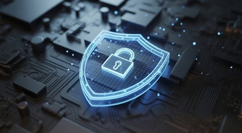 Glowing digital shield with padlock over circuit lines, representing cloud security and data protect