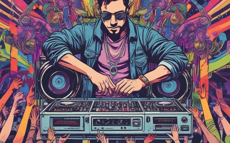 A person is focused on a task involving a laptop with music mixing software. The scene is dimly lit, with a busy background featuring people standing, one wearing a sports jersey with the number 89. Cables are strewn across the table, suggesting an event setup.