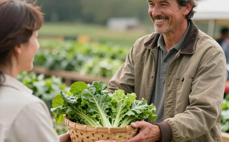 A Midwestern farmer in a field jacket handing a basket of fresh leafy greens to a customer. Both are smiling in a genuine community interaction. The background is a soft-focus market scene with forest green and light cream tones.