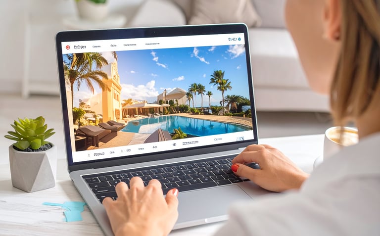 Mujer mirando un sitio web con una foto de un hotel en una computadora portátil