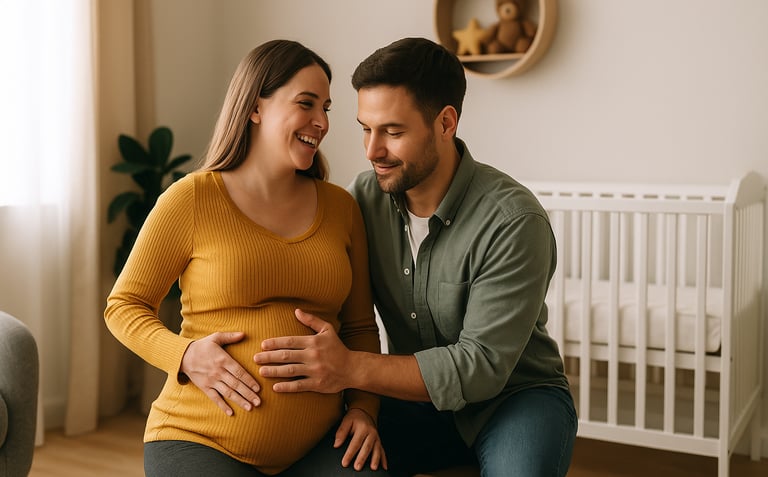 couple dans une chambre d'enfant l'homme met une main sur le ventre de la femme enceite