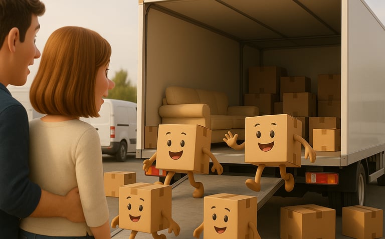 Illustration 3D de style cartoon avec 4 cartons anthropomorphes joyeux descendant d'un camion.