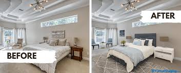 a before and after of virtual restaging a bedroom
