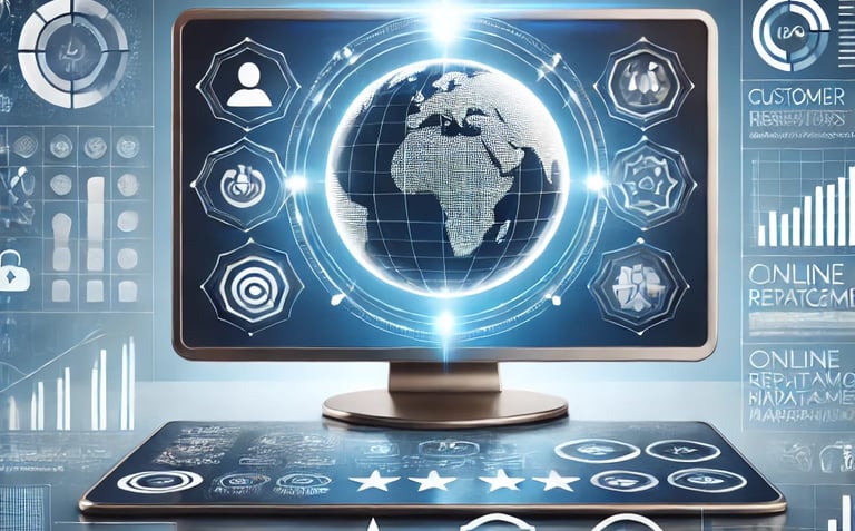 Digital dashboard representing Online Reputation Management with reviews and protection icons."
