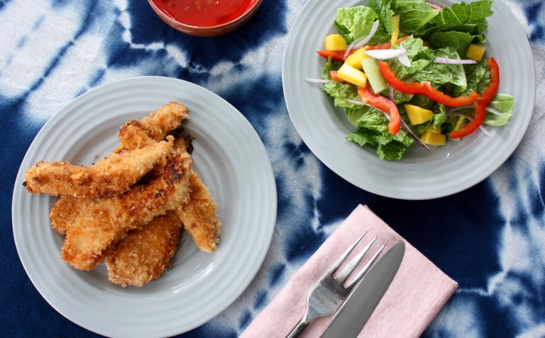 3 ingredient chicken fingers with mango salad