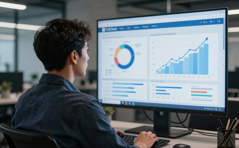 A professional in a International / Global co-working space looking at a large screen displaying social media analytics and growth charts. The mood is trustworthy and results-oriented, with steel blue lighting.