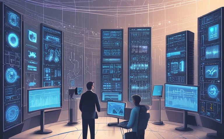 Close-up of robotic hands assembling digital business icons representing automation.