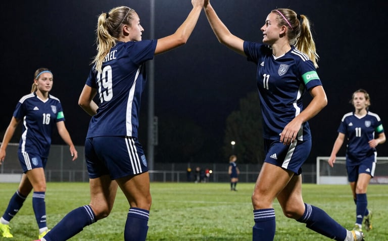 Low-angle dynamic shot of coed soccer players high-fiving on a lush green grass field under Friday night stadium floodlights, sharp action, 35mm