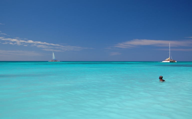 Sunny Caribbean coastline with clear blue skies and turquoise sea