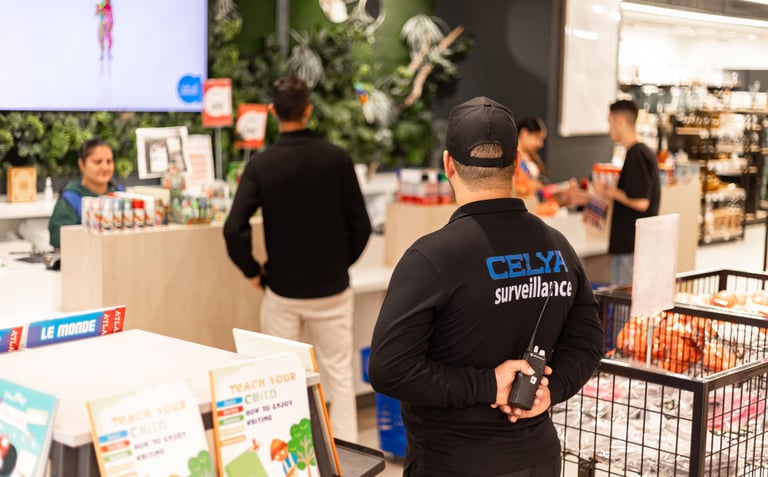 Agent de sécurité Celya Inter Pro surveillant l’entrée d’un mall à Casablanca.