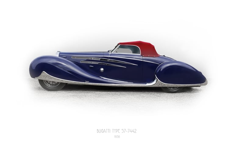 Bugatti Type 57 cabriolet car, chassis 57159, aerodynamics, speed, and flamboyant opulence, 1938