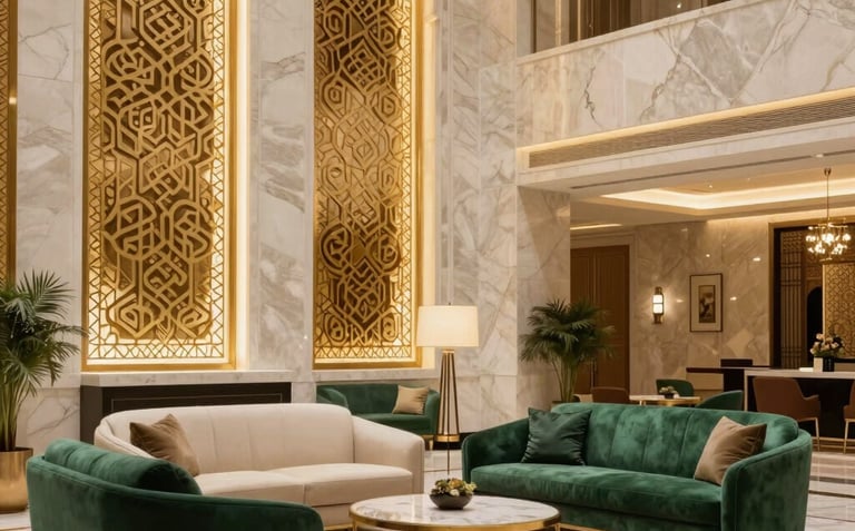 A high-end hotel lobby in Saudi Arabia, featuring sophisticated modern Arabesque patterns on marble walls with golden lighting. The Middle Eastern / Gulf decor includes elegant furniture in cream and emerald green tones. Serene and welcoming atmosphere.