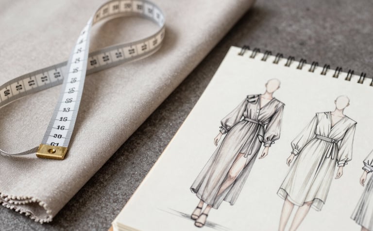 A studio flat-lay of fabric swatches in #C7B5A0 and #7A6F62, a measuring tape, and a sketchbook with fashion illustrations of modern tunics. Clean and minimal composition.