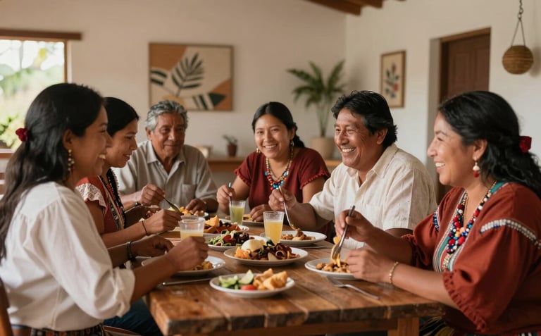 A candid and elegant shot of a group of people at a South American / Brazilian / Bolivian community gathering. They are sharing a meal and laughing in a modern, welcoming hall decorated with subtle cultural motifs. Warm lighting in tones of tan and rust.