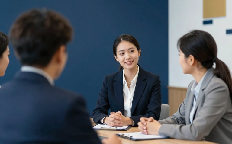 A professional and warm group meeting led by a woman, showing an institutional and organized setting, focus on empathy and dialogue, background colors of dark blue #0C2D48 and hints of gold and white.
