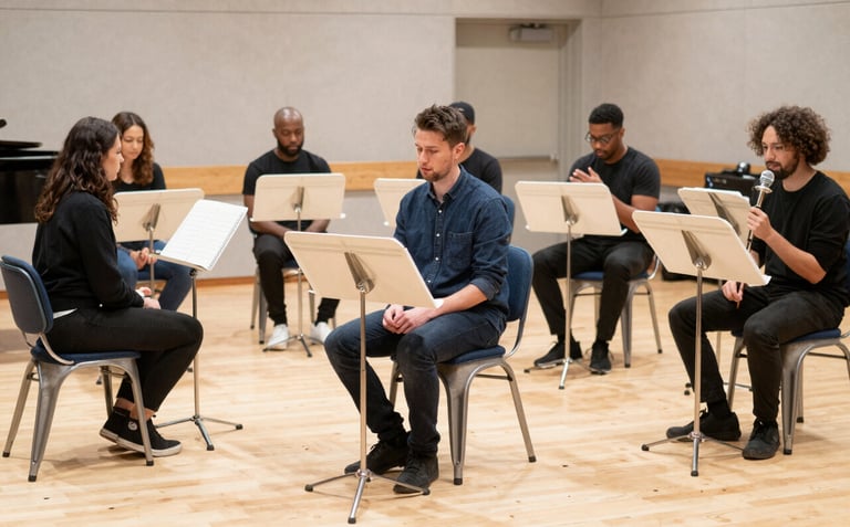 Candid photography of a diverse group of musicians rehearsing in a light-filled studio. They are surrounded by steel blue chairs and off-white music stands. Professional atmosphere.