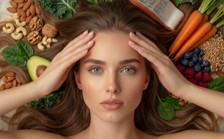 Woman's face surrounded by healthy foods for skin and hair growth, including salmon, nuts, and leafy greens.