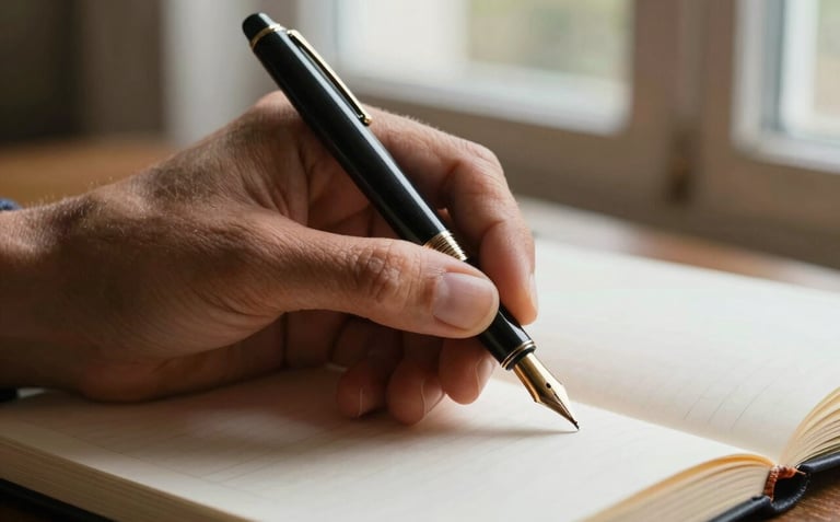 A close-up photograph of a writer's hand holding an antique fountain pen over a notebook. Soft window light highlights the terracotta skin tones and the soft sand color of the textured paper.