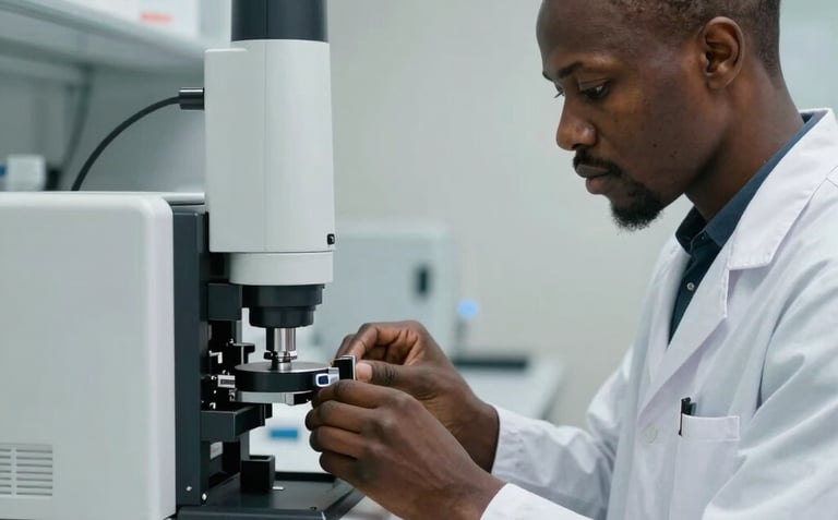 A professional West African biomedical technician in a laboratory setting, focused on calibrating a complex analytical machine. The lighting is crisp and modern, emphasizing precision and trust.