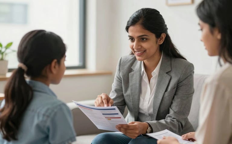 A professional photography shot of a counseling session in a bright office in India. A South Asian consultant in professional attire is smiling and pointing to a brochure while talking to a young student and their parent. The atmosphere is trustworthy, helpful, and warm, with soft natural light.