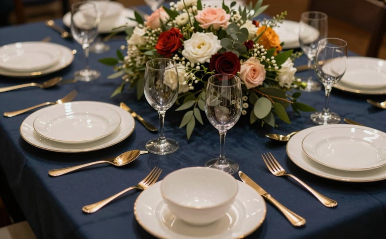 A detailed close-up photograph of a South Asian banquet table, featuring polished gold cutlery, fine white china, and a lush floral centerpiece on a deep navy blue runner.