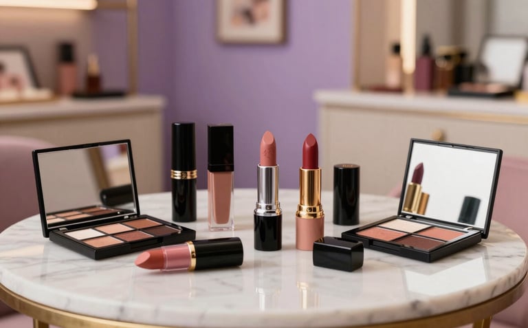 A professional and warm photograph of high-end cosmetic palettes and lipsticks arranged on a marble table. A soft-focus background shows a stylish Mexican boutique interior with neutral and soft purple tones. The lighting is elegant and flattering, highlighting the product quality.