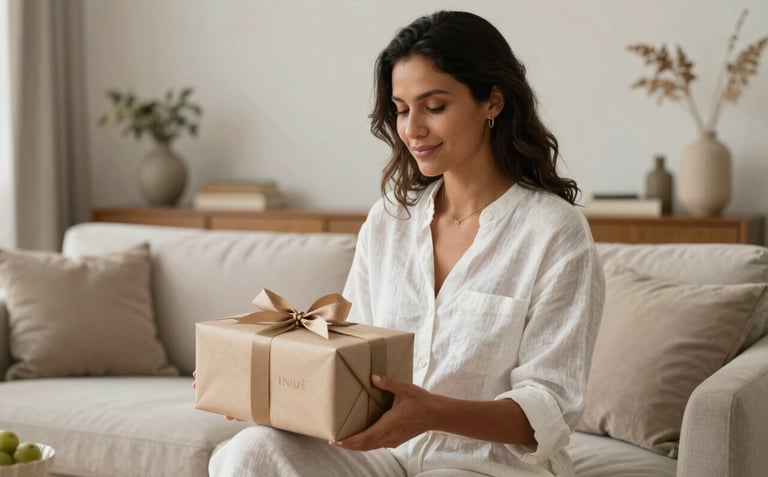 A sophisticated South American / Brazilian woman in a minimalist white linen outfit, holding a beautifully wrapped INNUÊ gift kit. She is in a bright, modern living room with refined decor. The mood is warm and welcoming.