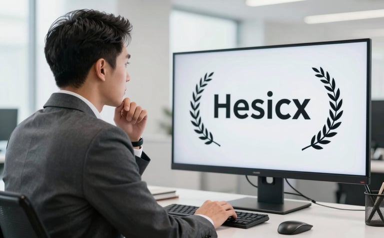 A professional man in a charcoal slate suit looking thoughtfully at a clean, white-themed dashboard on a large screen in a bright office.