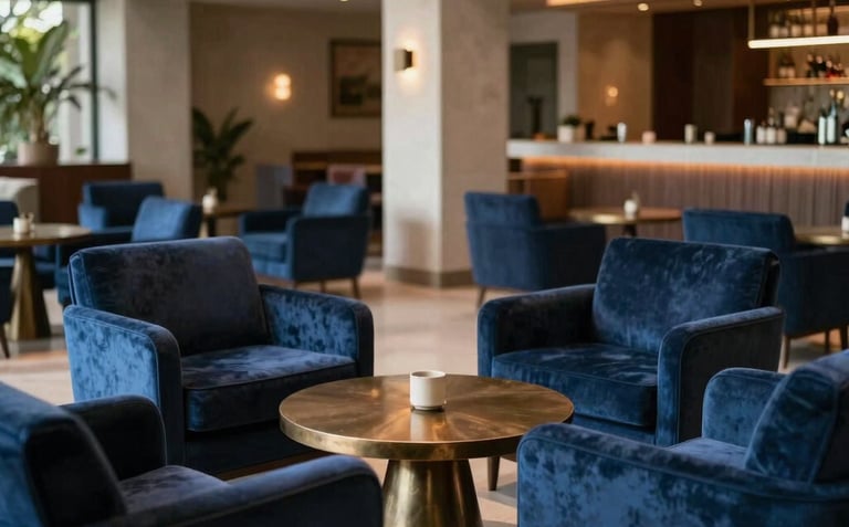 A wide shot of an empty, luxurious private lounge area in Brazil. Deep blue velvet armchairs arranged around a low bronze table. Architecture is modern with South American influences. Soft, warm indirect lighting creating a peaceful mood.