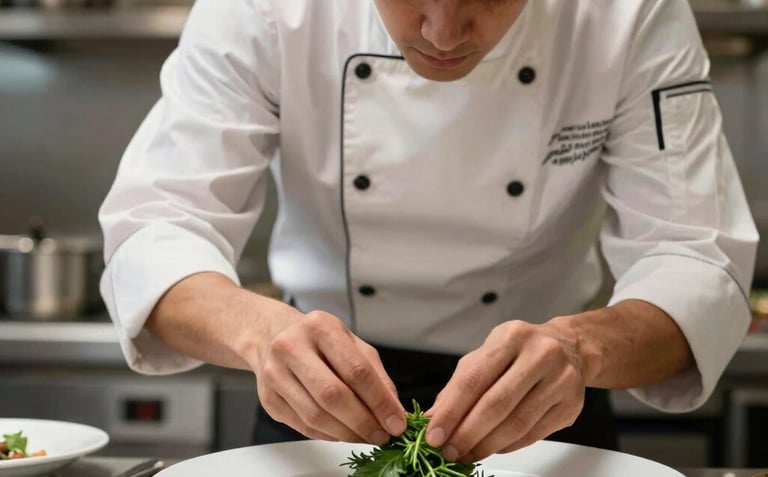 A professional chef in a clean, modern Brazilian kitchen, carefully garnishing a plate with fresh herbs. The scene conveys focus, hygiene, and culinary expertise.