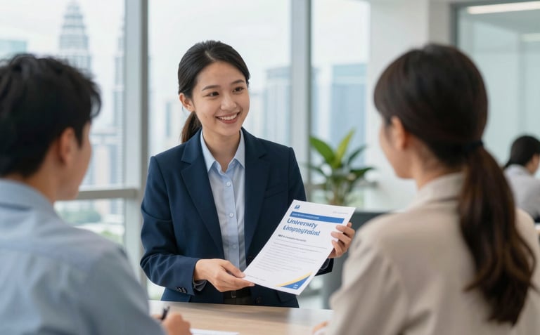 A professional and friendly scene of a Malaysian education consultant showing a university brochure to an international student. They are in a modern, brightly lit office with a glimpse of the Kuala Lumpur skyline in the background. The mood is supportive and trustworthy, featuring #346DAA and #F6F8F9 accents.