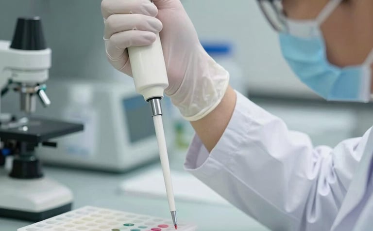 A close-up, sharp photograph of a researcher in a professional US-based laboratory environment, wearing protective gear and using a high-precision pipette. The focus is on the pipette and a tray of samples, with a soft-focus background of teal-colored equipment.