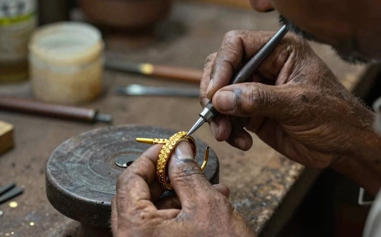 A documentary-style photograph of master artisans in a traditional Kolkata workshop, carefully handcrafting an 18K gold-plated bracelet with precise tools and artistic dedication.