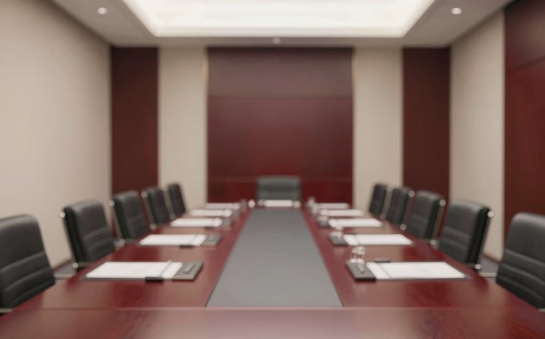 An interior shot of a high-end, contemporary boardroom with ivory walls and deep burgundy wood accents. A sense of quiet power and institutional credibility.