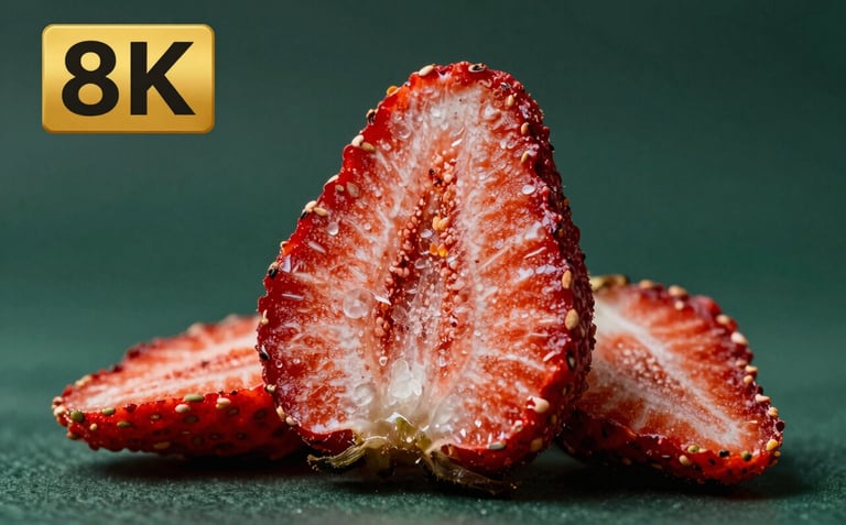 A macro photograph of freeze-dried strawberry slices showing the detailed crystalline structure and deep red color, set against a deep forest green studio backdrop.